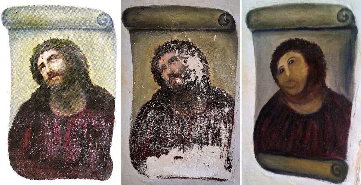 La version originale du tableau Ecce Homo (à gauche) du peintre du XIXe siècle Elias Garcia Martinez, la version détériorée (au centre) et la version restaurée par Cecilia Gimenez, 81 ans, en Espagne.