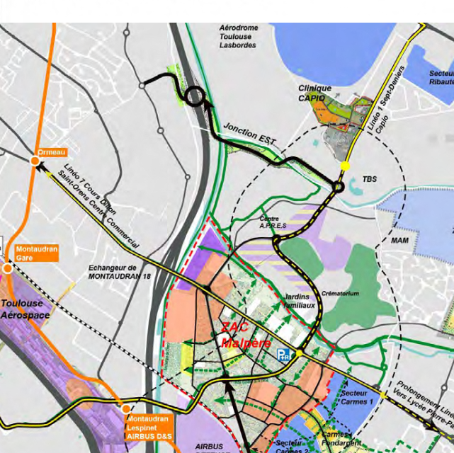 En noir et jaune, le tracé du prolongement de la Liaison Multimodale du Sud Est, entre les routes de Revel et de Castres, à l'est de Toulouse.