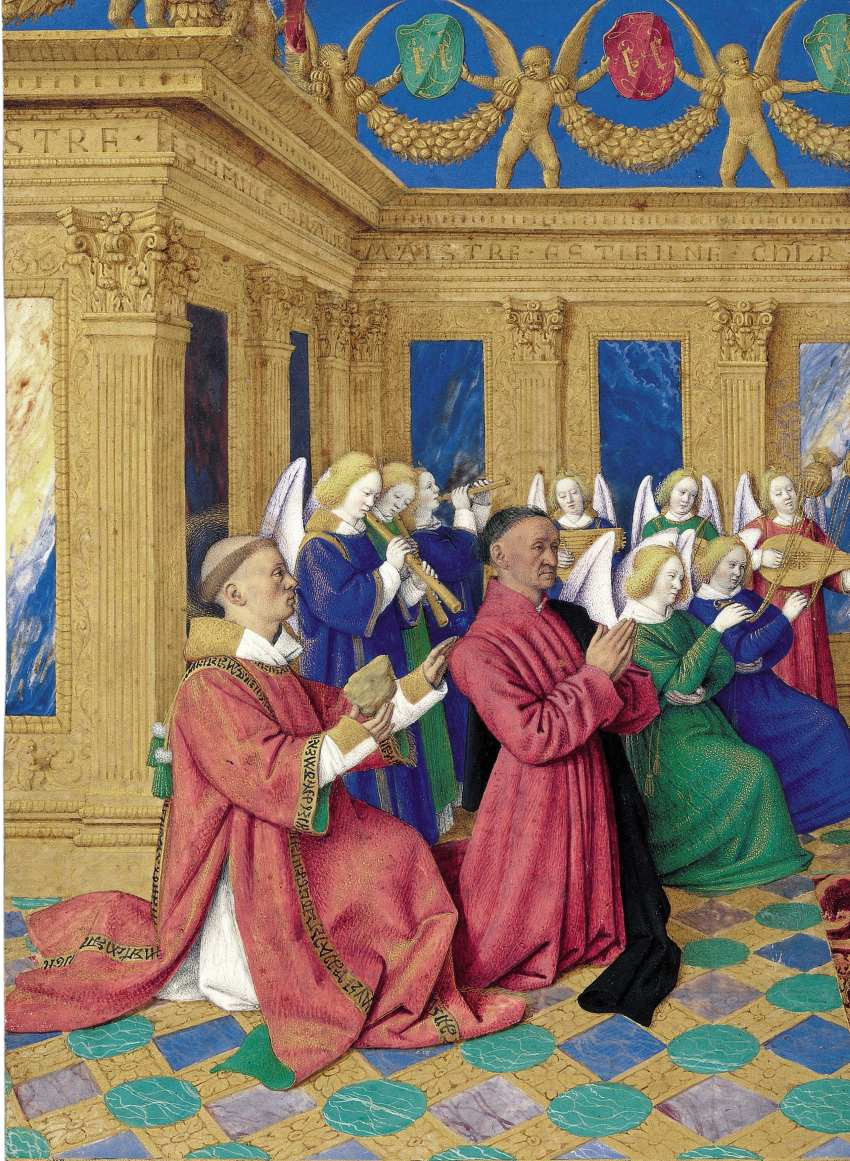 Jean Fouquet, <i>Étienne Chevalier présenté par saint Étienne</i>, feuillet du <i>Livre d’Heures</i> d’Étienne Chevalier, 1452-1460, enluminure sur parchemin, 21 x 15 cm, détail Chantilly, musée Condé. ©Photo GrandpalaisRMN.