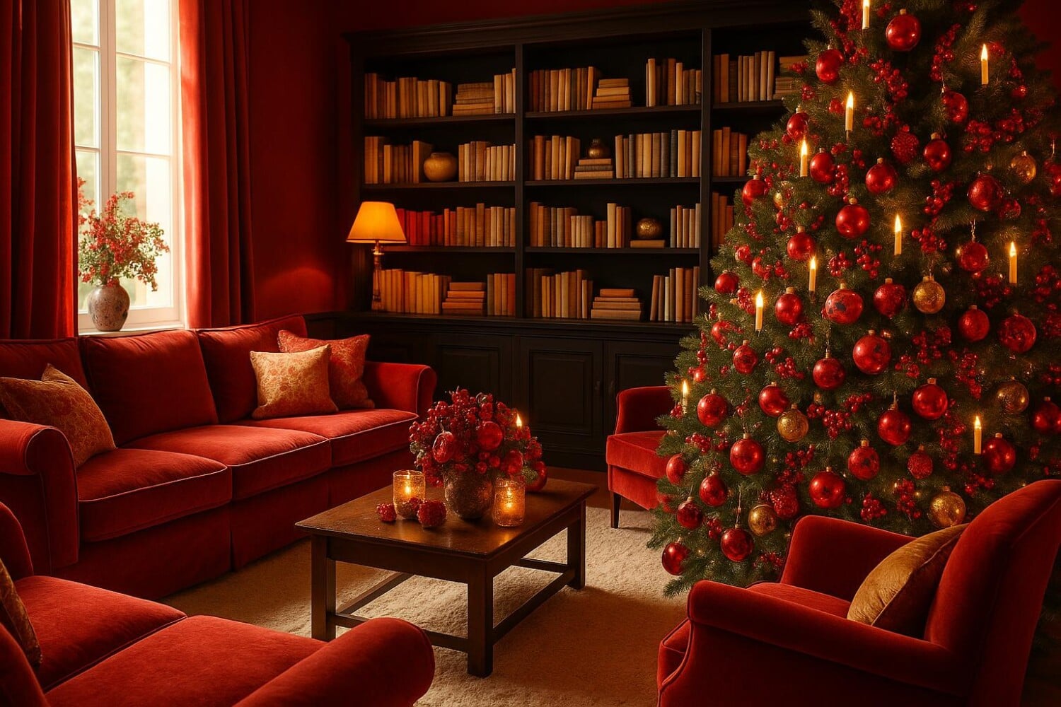 Ce salon bordeaux d’El Mueble, centré sur une immense bibliothèque, cache des idées de déco de Noël bluffantes pour faire de votre salon un vrai rêve Le Journal de la Maison.