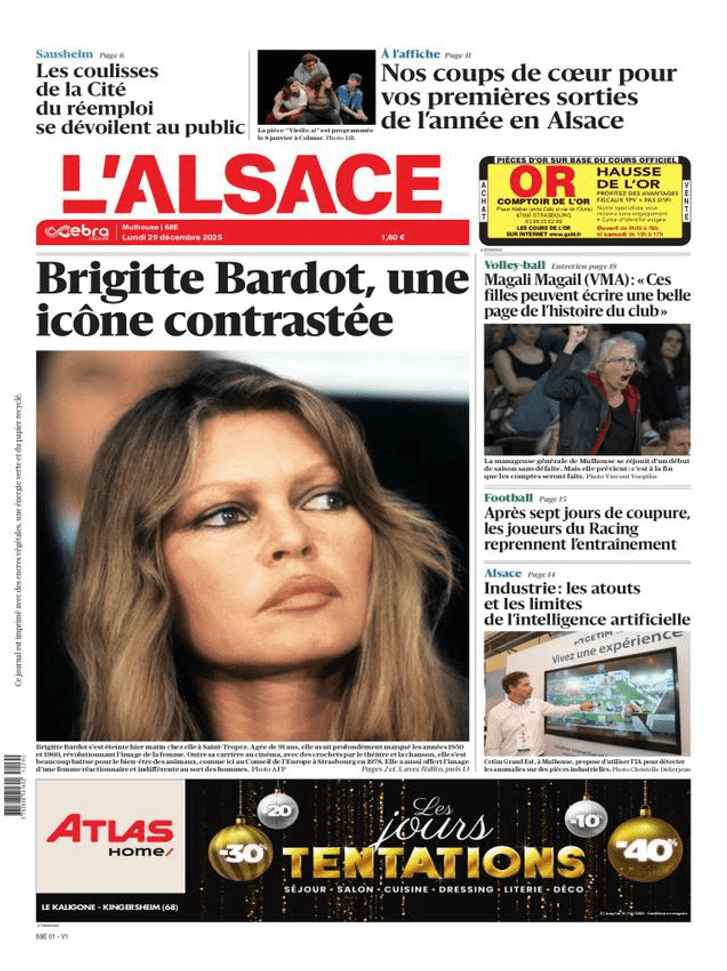 La Une de « L’Alsace » du 29 décembre 2025, au lendemain de la mort de Brigitte Bardot.