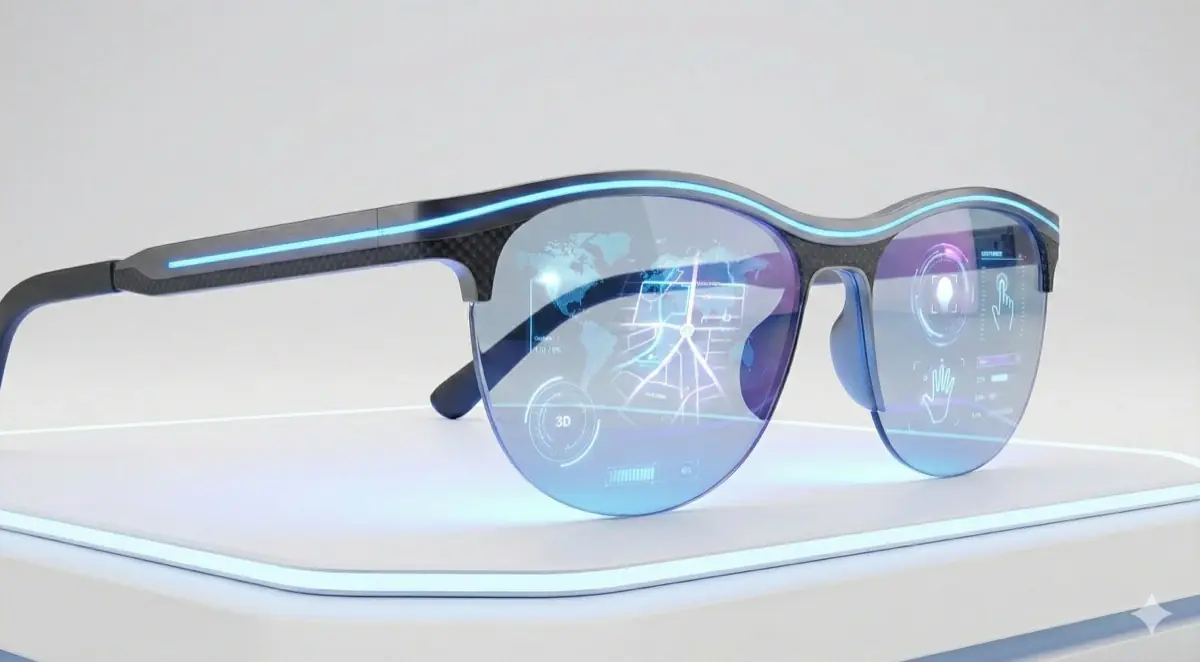 (Contrairement &agrave; ce que cette illustration IA sugg&egrave;re, il n'y aurait pas d'&eacute;cran int&eacute;gr&eacute; dans les verres sur les lunettes Apple)