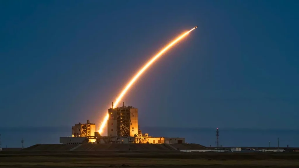 Fusée laissant une traînée lumineuse lors de son lancement depuis une base spatiale au crépuscule.