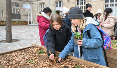 Des enfants s'occupent de plantes dans la cour oasis de l'école Amiral Roussin (15e).