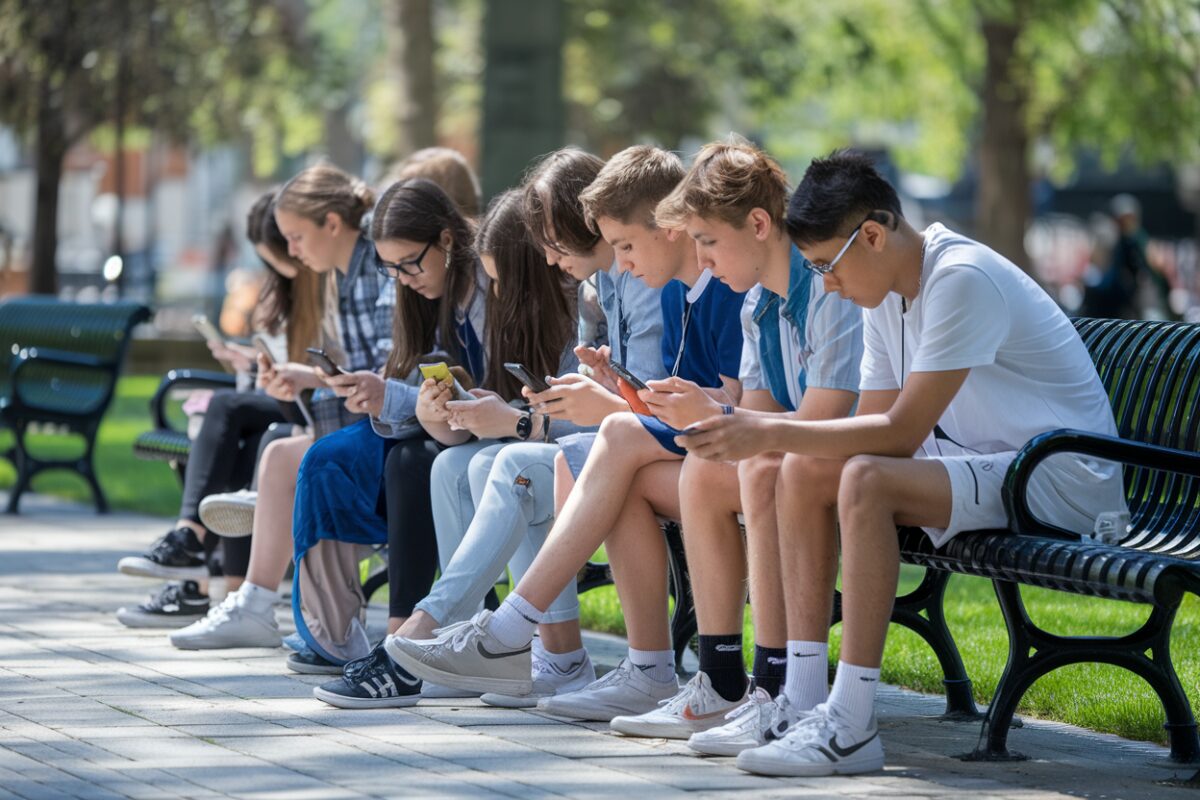 Adolescents utilisant des smartphones dans un parc.