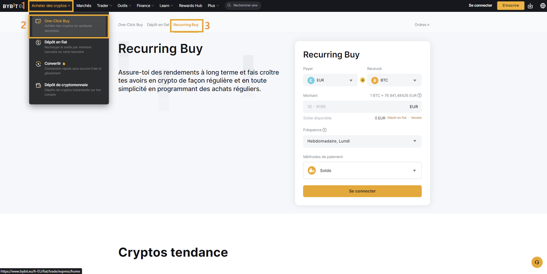 L'accès aux achats récurrents sur l'interface web de Bybit EU est simple et rapide.