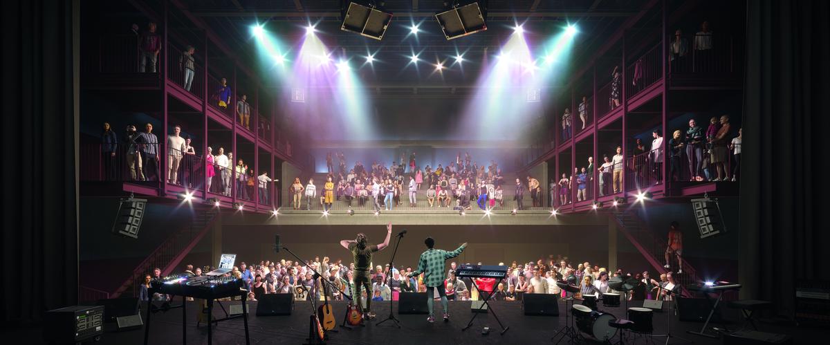 Simulation numérique de la future grande scène, avec des coursives accueillant le public sur les côtés.