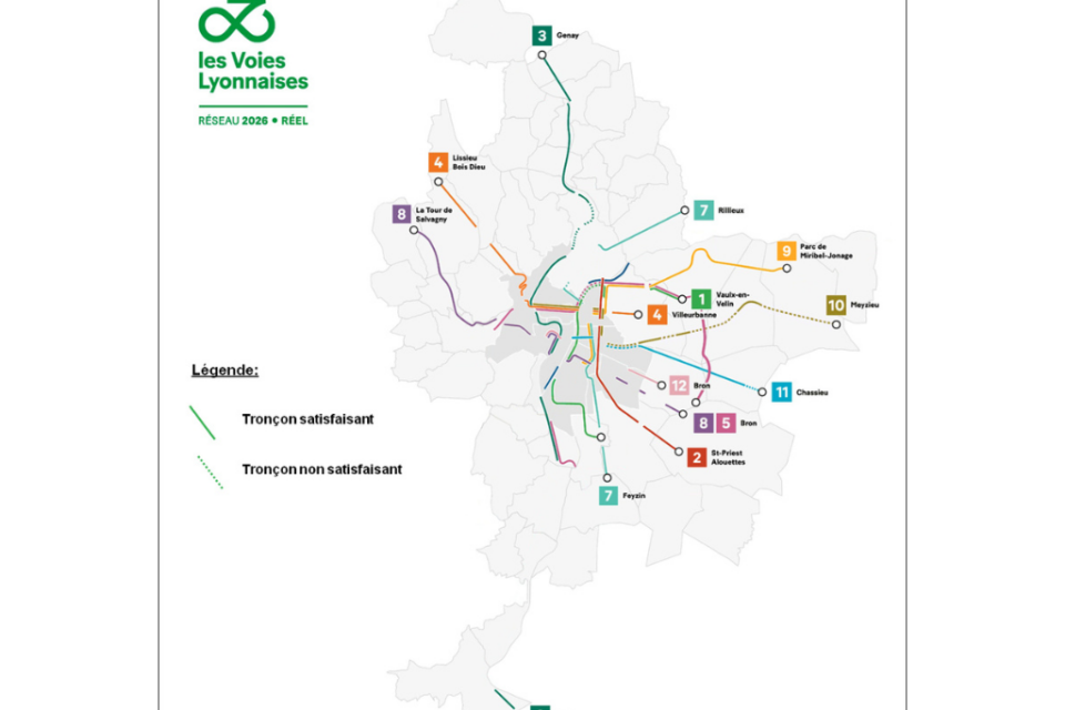 L'état des Voies lyonnaises en décembre 2025, selon La Ville à vélo.