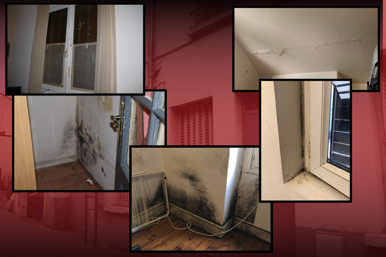 Les désordres constatés dans plusieurs appartements loués par le couple Fayolle à Villeurbanne. Montage Rue89Lyon