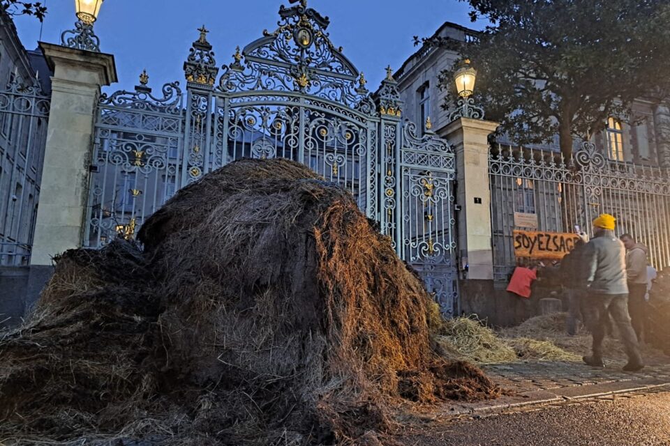 De la paille et du fumier tapissent le sol devant la préfecture Martenot à Rennes.