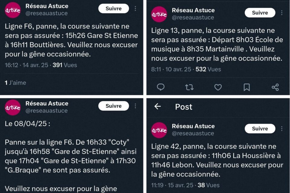 Captures d’écran du compte Twitter du réseau Astuce montrant des pannes de bus.