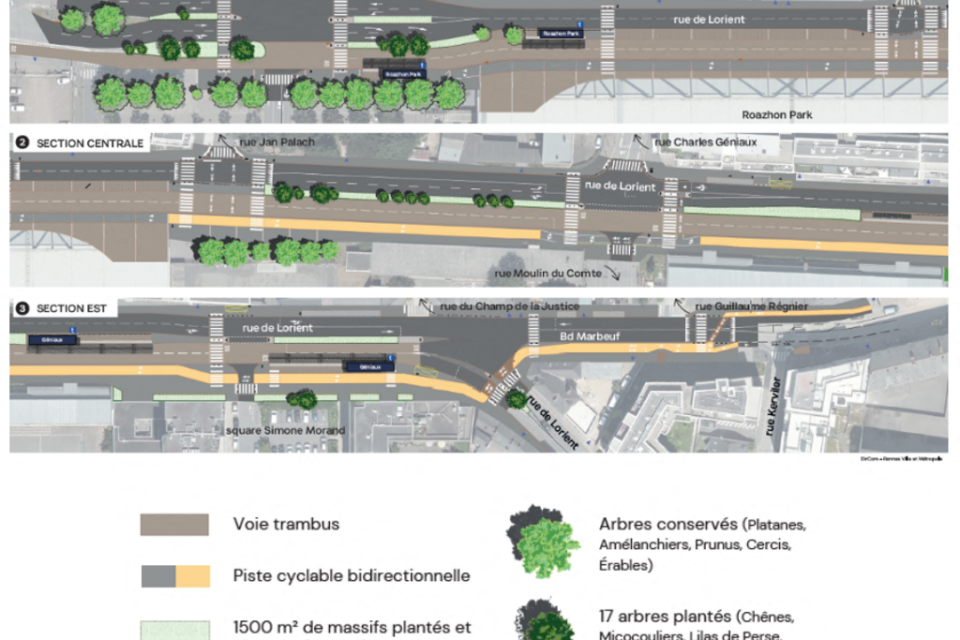 Plan aérien des futurs aménagements de la rue de Lorient aux abord du Roazhon Park.