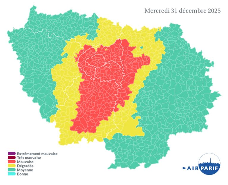 La carte de la qualité de l'air en Île-de-France le mercredi 31 décembre 2025 - Airparif