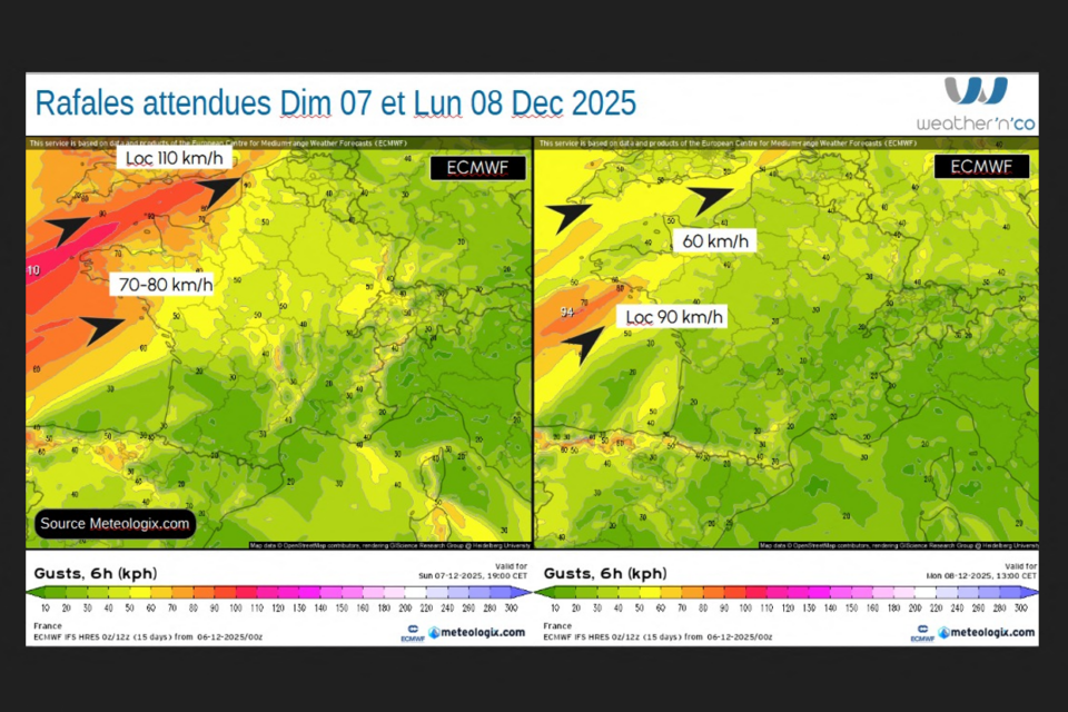 Les rafales attendues sur une partie de la France entre dimanche 7 et lundi 8 décembre 2025.