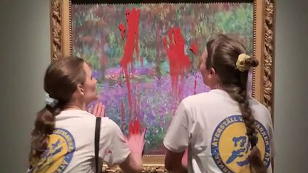 Cette capture d'écran montre deux militants en train de barbouiller de peinture la vitre de protection du tableau "Le Jardin de l'artiste à Giverny" de Claude Monet (1840-1926), au Musée national de Stockholm, en Suède. (HANDOUT / ATERSTALL VATMARKER / AFP)