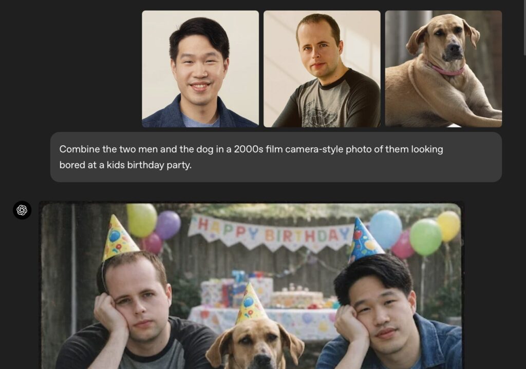 Dans cet exemple, trois photos sont fusionnées en une grâce à ChatGPT.