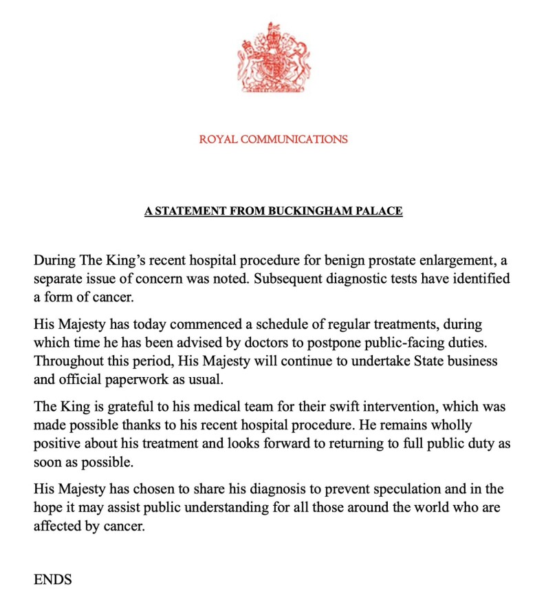 Le lundi 5 février 2024, le palais de Buckingham annonçait que Charles III, couronné neuf mois plus tôt, était atteint d’un cancer.