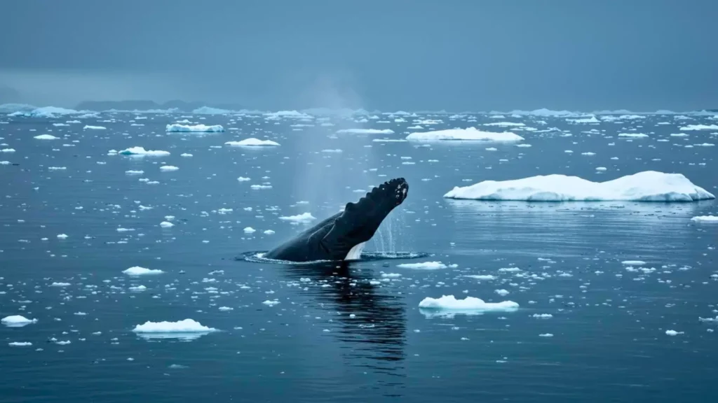 Baleine surgissant à la surface de l’océan Arctique entre des blocs de glace, expirant un souffle visible dans une mer froide et calme.