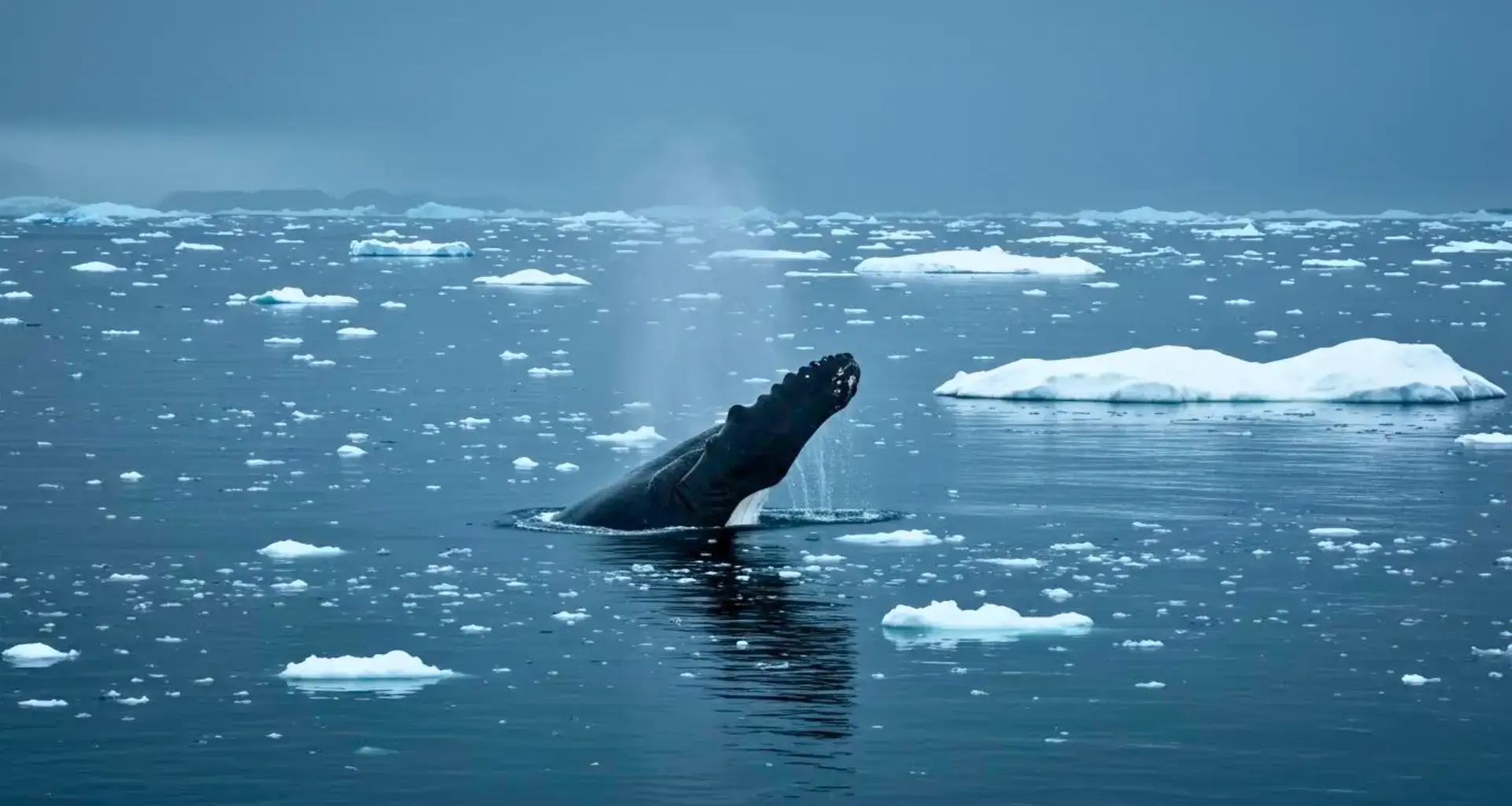 Baleine surgissant à la surface de l’océan Arctique entre des blocs de glace, expirant un souffle visible dans une mer froide et calme.