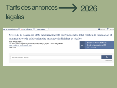 Prix des annonces légales 2026 : les forfaits et tarifs publiés au JO du 28 (…)