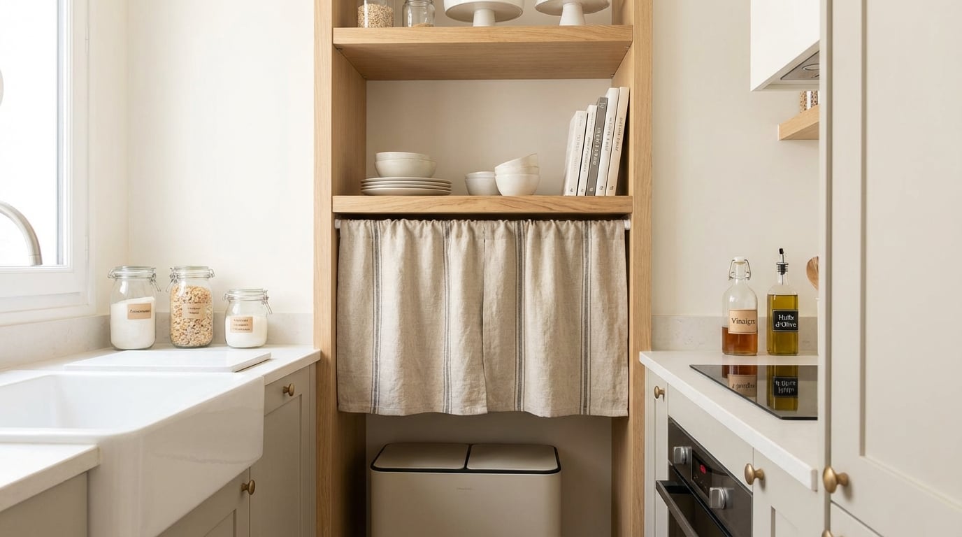 Vos poubelles gâchent votre cuisine ? Cette astuce rideau à quelques euros les rend invisibles sans aucun travaux
