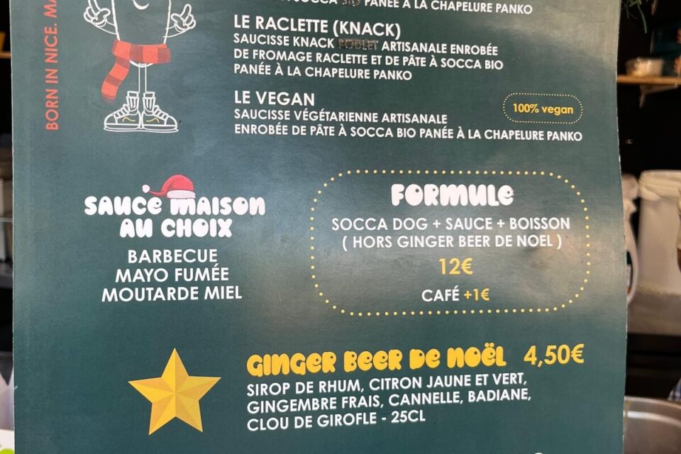 La carte de Socca Dog à Nice.