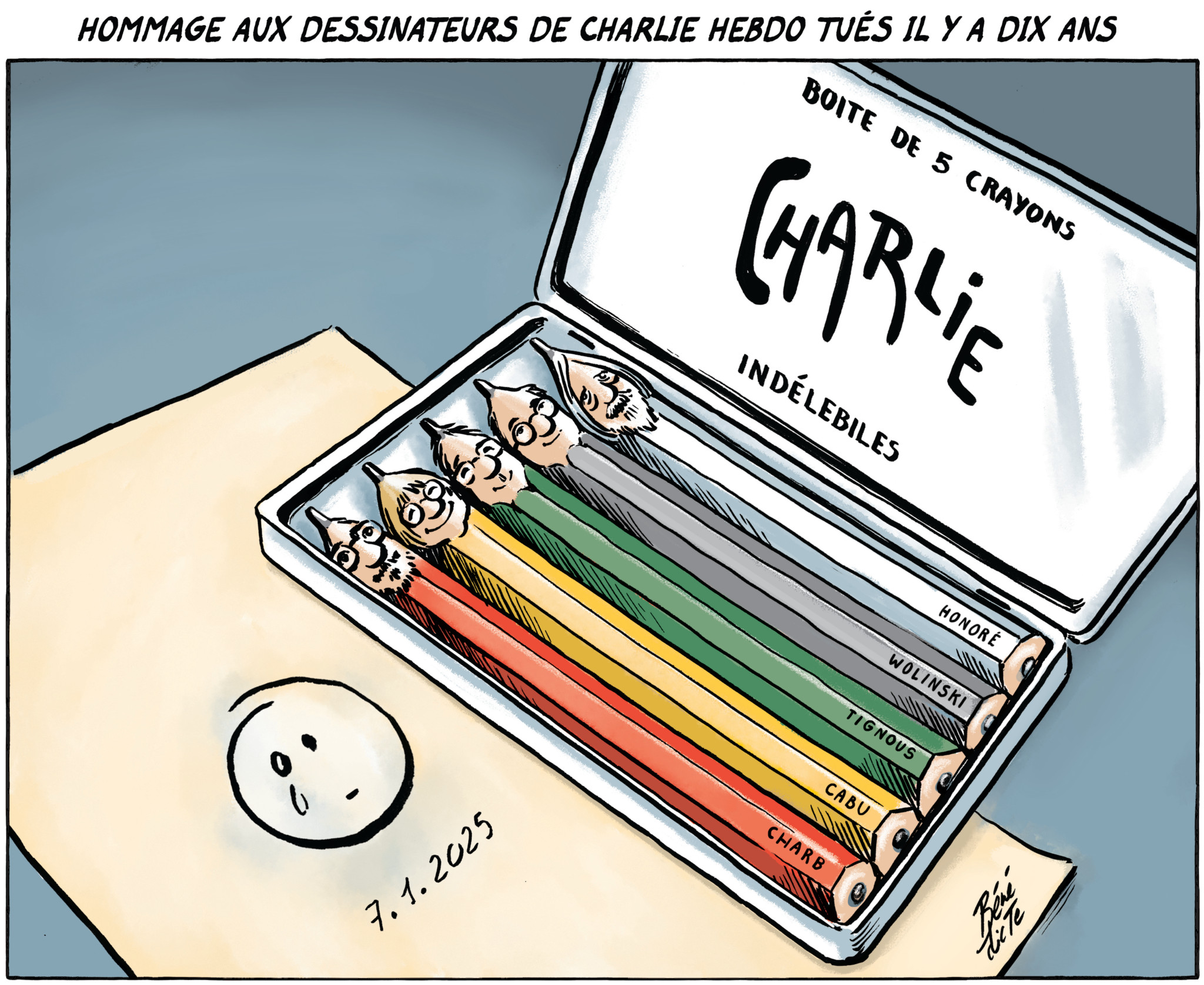 Dessin commémoratif montrant une boîte de crayons ’Charlie’ avec cinq crayons marqués des noms des dessinateurs de Charlie Hebdo, en hommage aux dessinateurs tués il y a dix ans, daté le 7.1.2023.