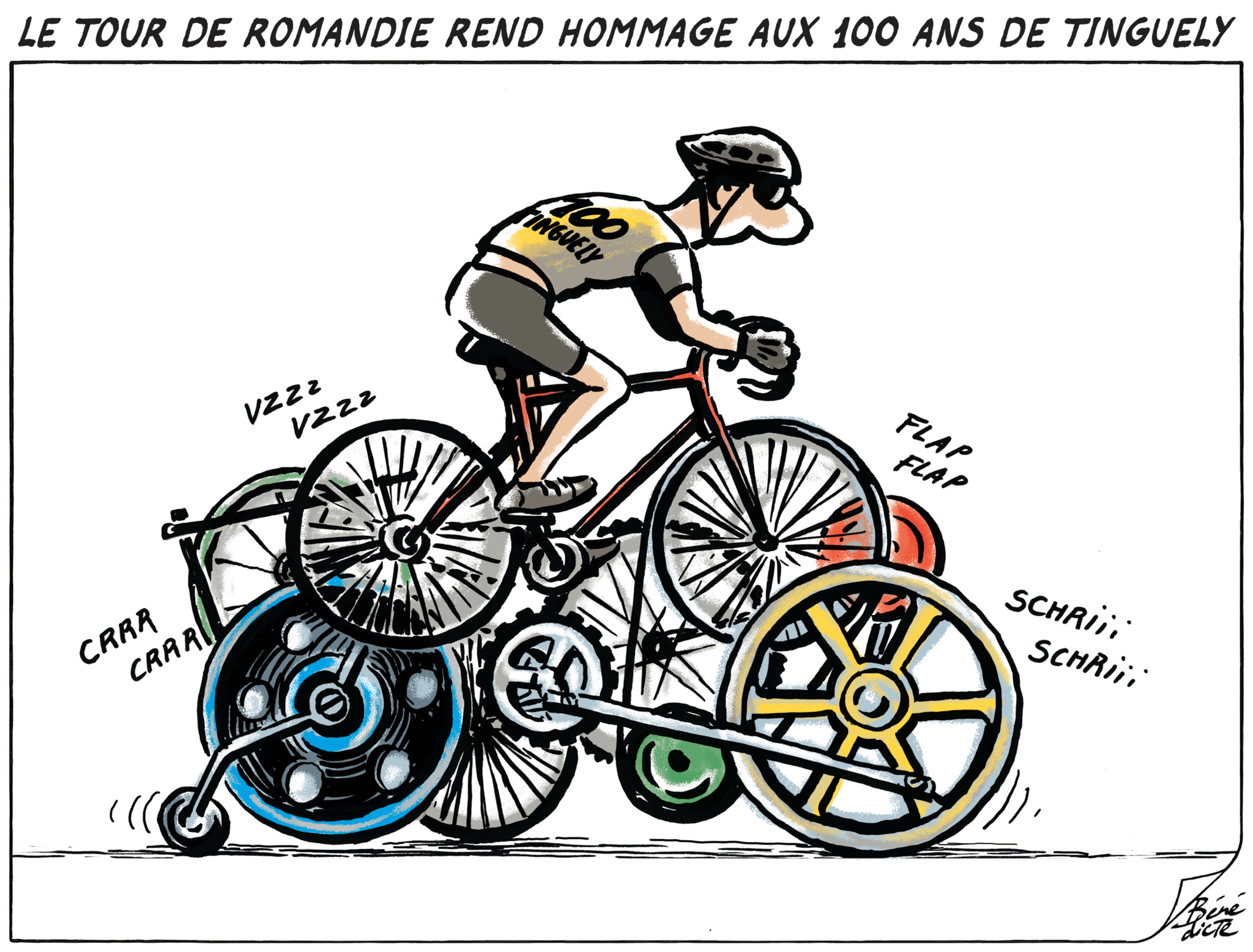 Dessin humoristique d’un cycliste sur une bicyclette aux roues absurdes et mécaniques, rendant hommage à Tinguely pour le Tour de Romandie.