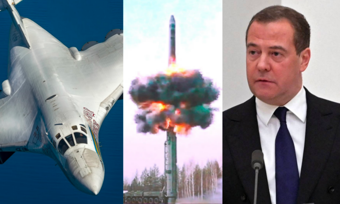 Un bombardier stratégique Tu-160, un missile balistique intercontinental Yars (ICBM) et le vice-président du Conseil de sécurité russe, Dmitri Medvedev.