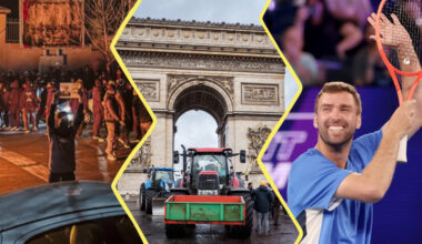 Image constituée de 3 photos. À gauche : une manifestation en Iran. Au centre : un camion devant l'Arc de Triomphe. À droite : le gagnant au tournoi "One point slam"