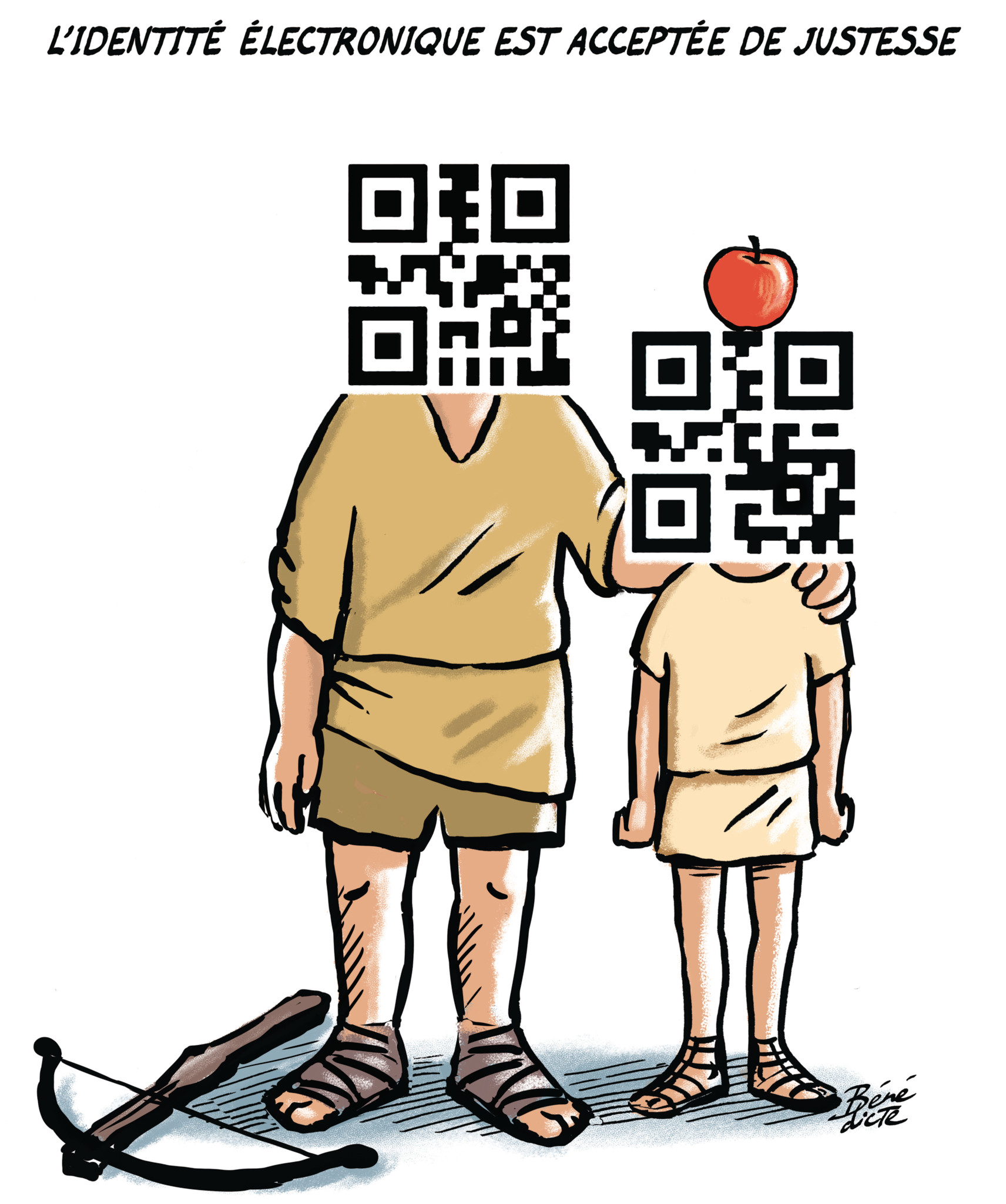 Caricature montrant deux personnages déguisés en William Tell avec des QR codes à la place de leurs têtes, une pomme sur la tête du plus petit, et la légende ’L’identité électronique est acceptée de justesse’.