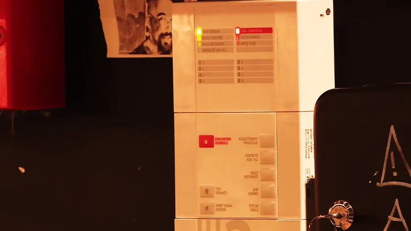 Le boitier qui pilote de le SSI, système de sécurité incendie, dans l'établissement "le fury défendu" à Rouen. Il est près du bar ,visible des clients.