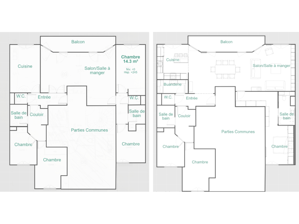 Plans avant/après de l'appartement 