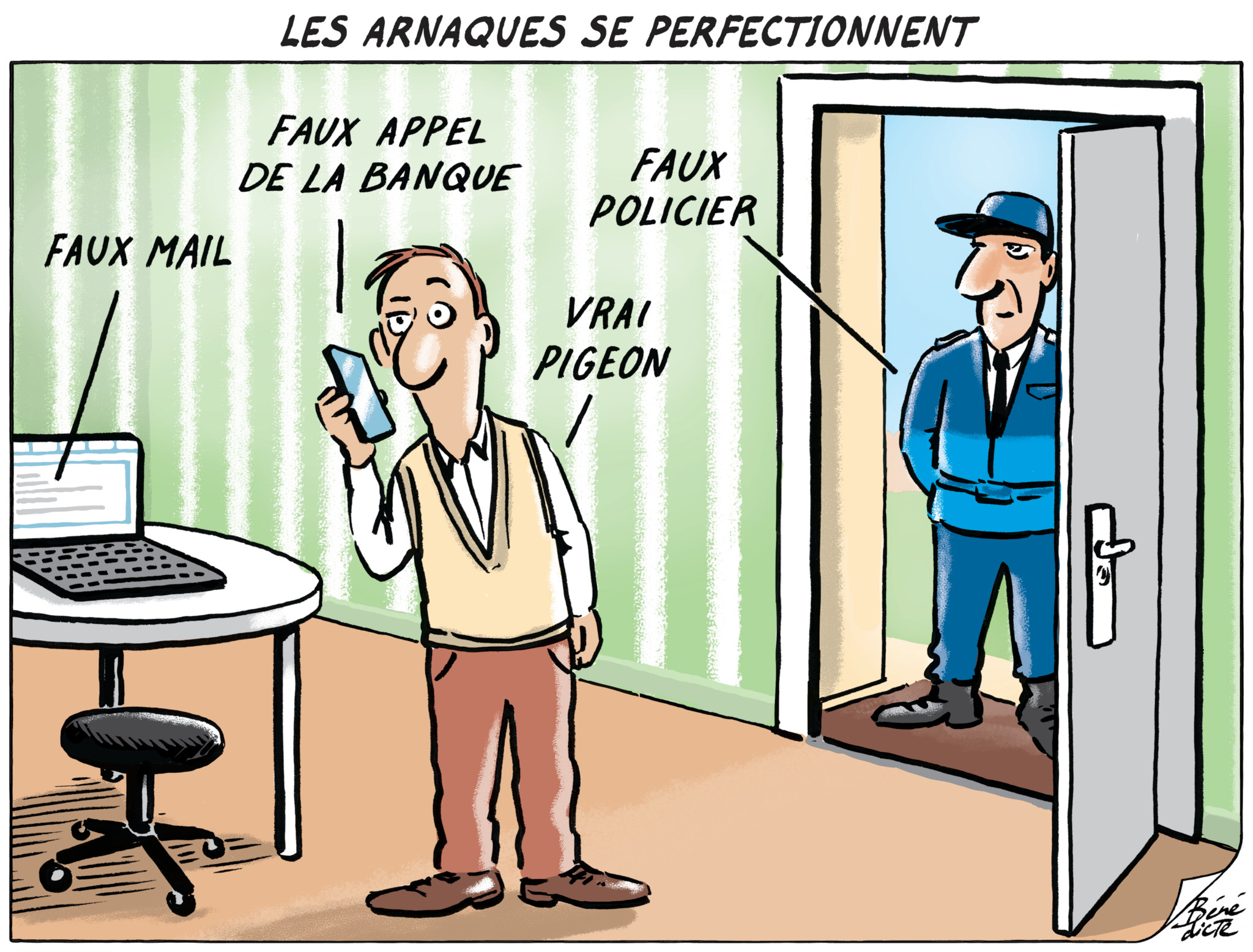 Caricature montrant un homme recevant un faux mail, un faux appel de banque, et la visite d’un faux policier, illustrant les arnaques modernes.