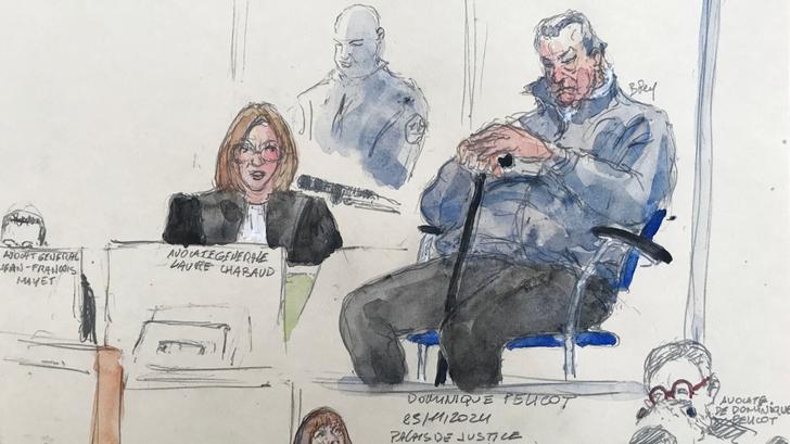 Ce croquis d’audience, réalisé au tribunal d’Avignon, dans le sud-est de la France, le 25 novembre 2024, montre l’accusé Dominique Pelicot (en haut à droite) lors de son procès.