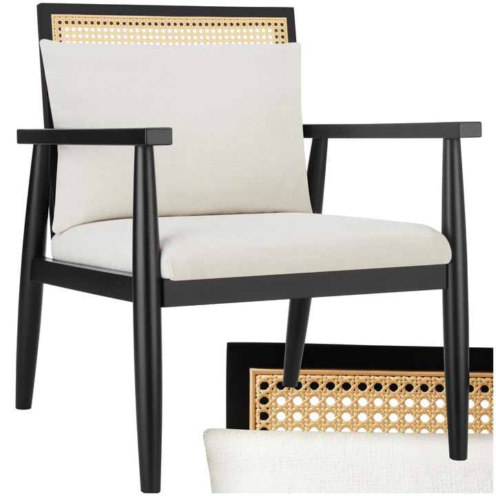 TecTake® Fauteuil Relax Fauteuil Salon Confortable en Bois Massif & Cannage, avec Coussins & Accoudoirs pour Salle à Manger, Salon, Chambre, Chaise Bureau, Allaitement, TV