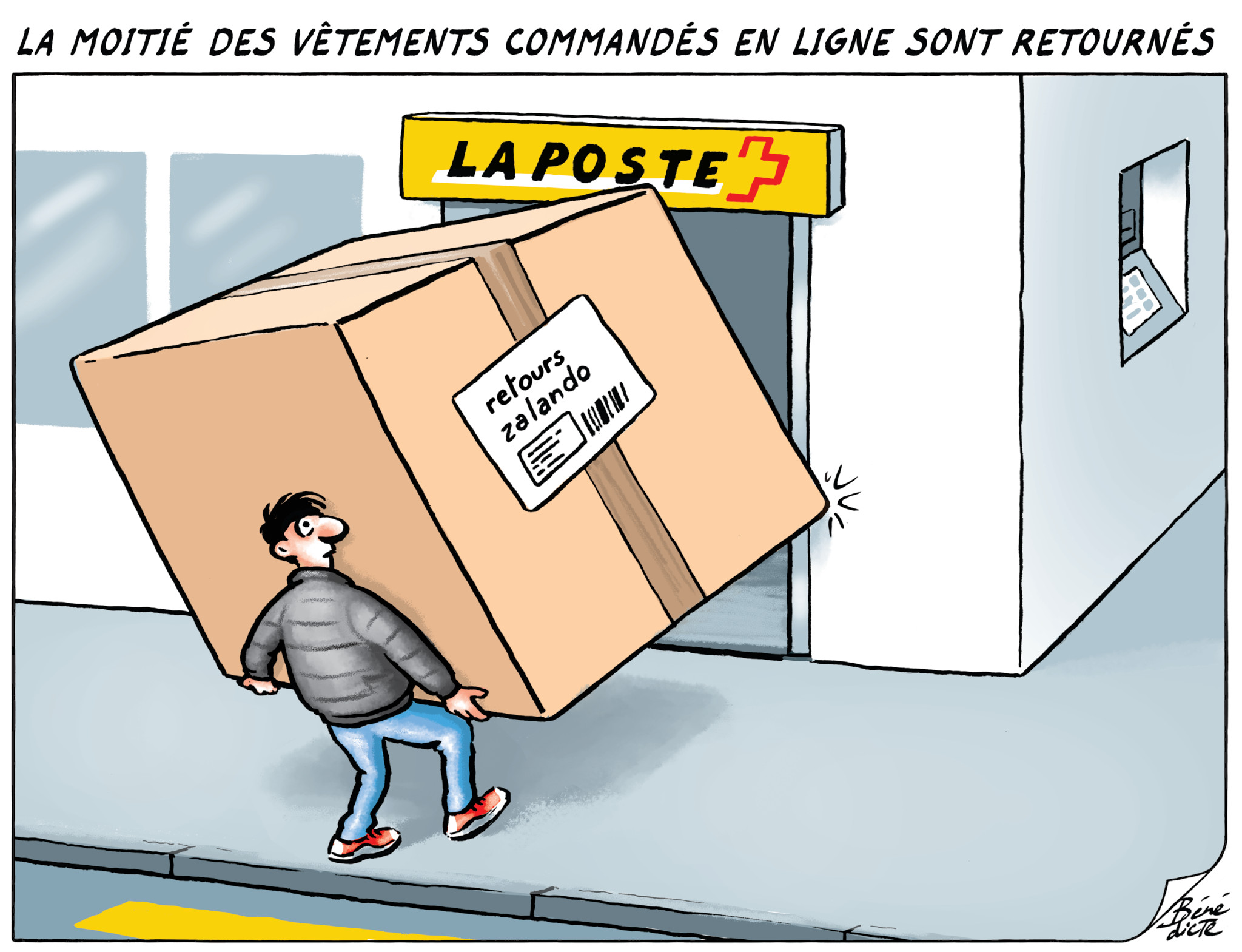 Caricature d’une personne portant une énorme boîte vers un bureau de poste, marquée ’retours Zalando’. Texte : ’La moitié des vêtements commandés en ligne sont retournés’.