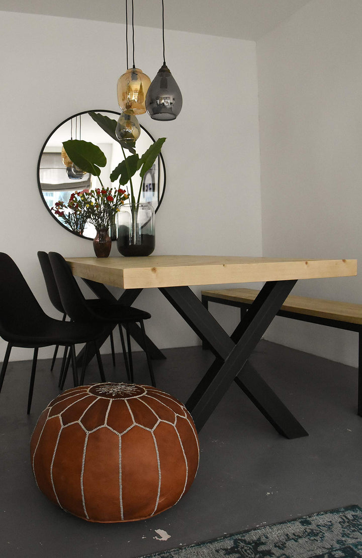 Pouf Artisanal Marocain en Cuir Véritable Fait Main - Vendu Rembourré - Coussin de Sol, Ottoman, Repose-Pied (Cognac)