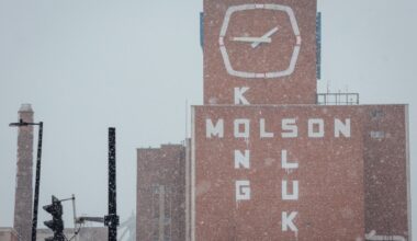 Des graffitis sur les façades de l'ancienne brasserie Molson à Montréal
