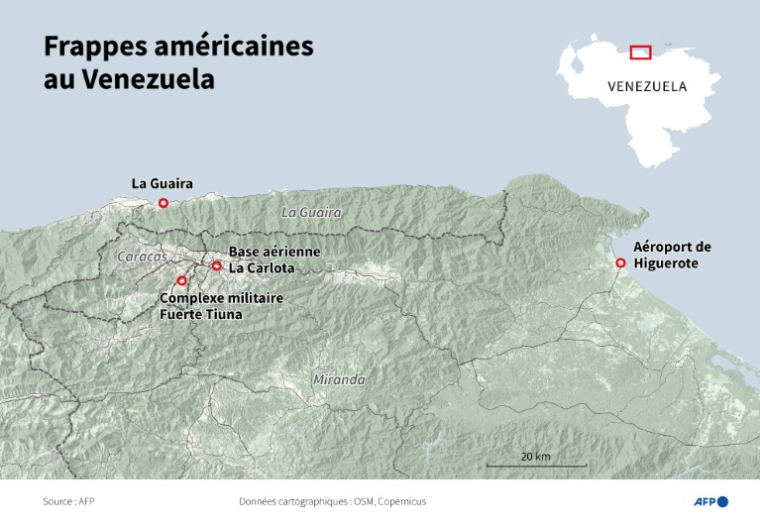 Carte du Venezuela montrant les endroits ciblés par des frappes américaines, à Caracas, La Guaira et Higuerote ( AFP / Patricio ARANA )