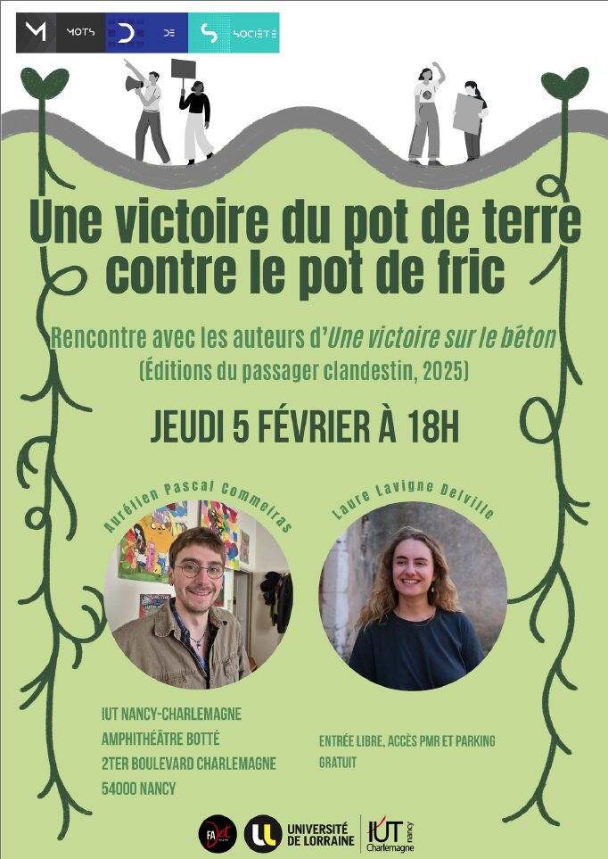 Affiche de la 4e conférence Mots de Société (cycle 2025/2026) : Une victoire du pot de terre contre le pot de fric