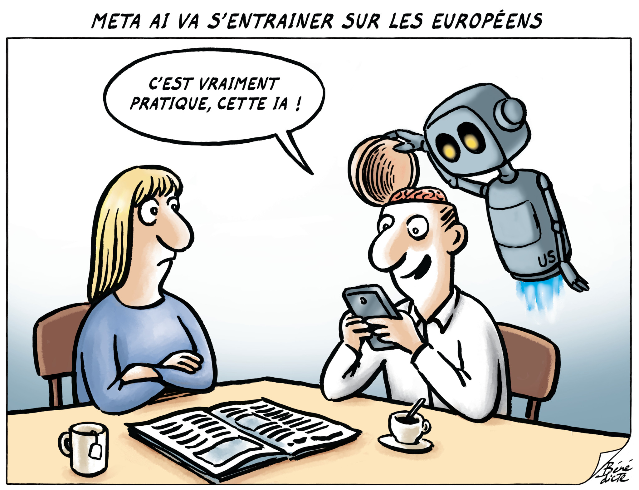 Deux personnes assises à une table, l’une lisant un journal marquée ’24 Heures’ et l’autre fixée sur son téléphone avec un robot IA qui l’observe. La bulle texte dit ’C’est vraiment pratique, cette IA !’.