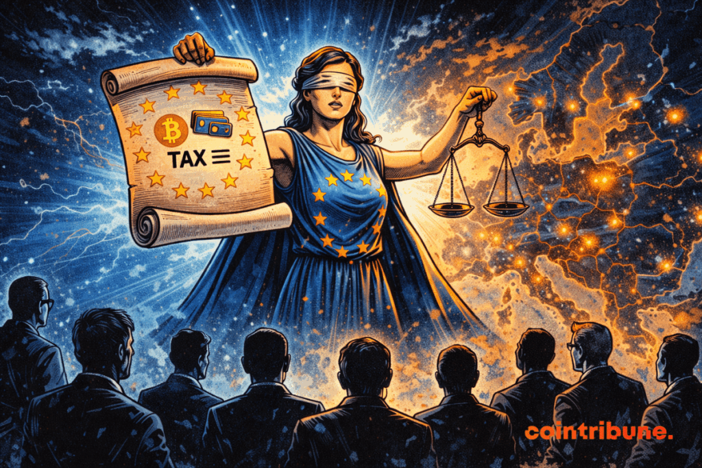 La figure de l’Europe impose un parchemin fiscal crypto à douze nations, sous une carte embrasée et un ciel orageux.