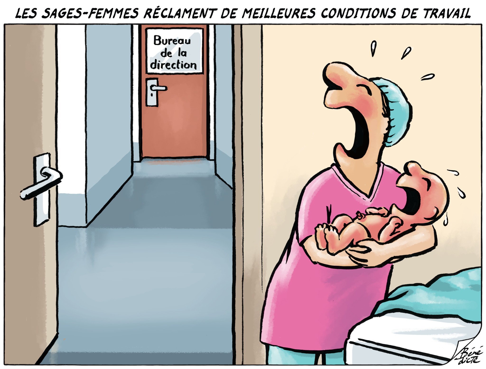 Une sage-femme crie en colère, tenant un bébé, devant la porte fermée du ’Bureau de la direction’, avec une pancarte au-dessus qui dit: ’Les sages-femmes réclament de meilleures conditions de travail’.