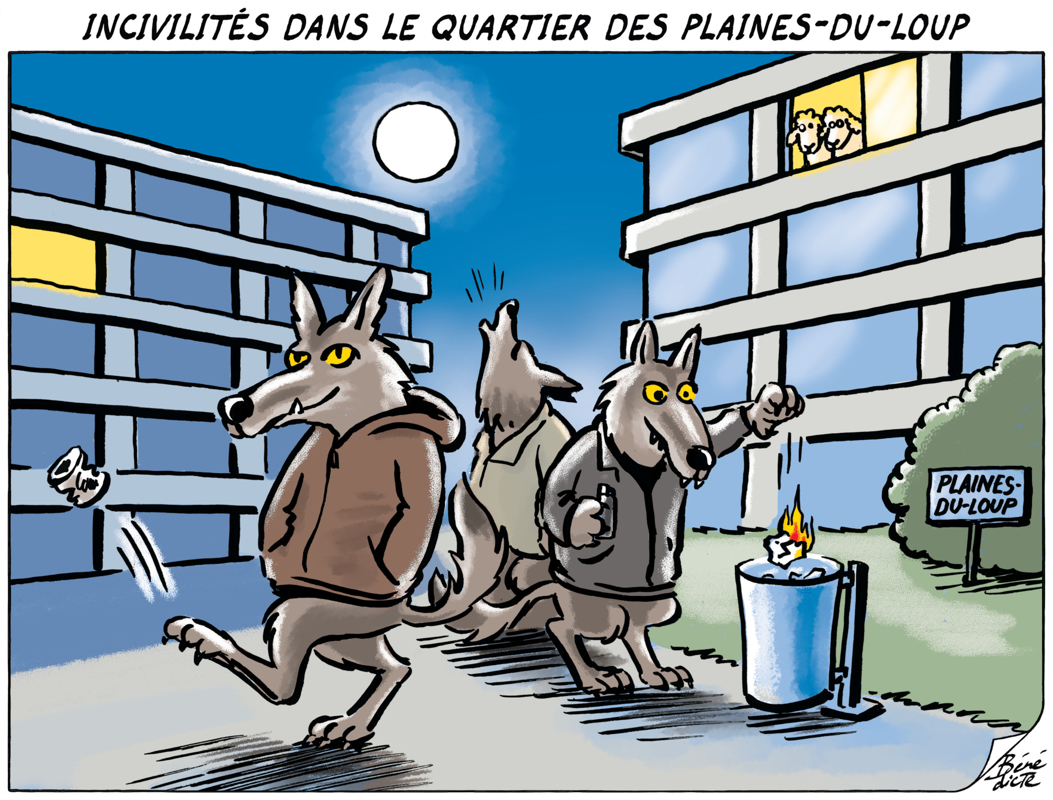 Dessin humoristique montrant des loups anthropomorphes marchant dans le quartier des Plaines-du-Loup, évoquant des incivilités nocturnes. Un feu de poubelle est visible, tandis qu’un couple regarde depuis une fenêtre.