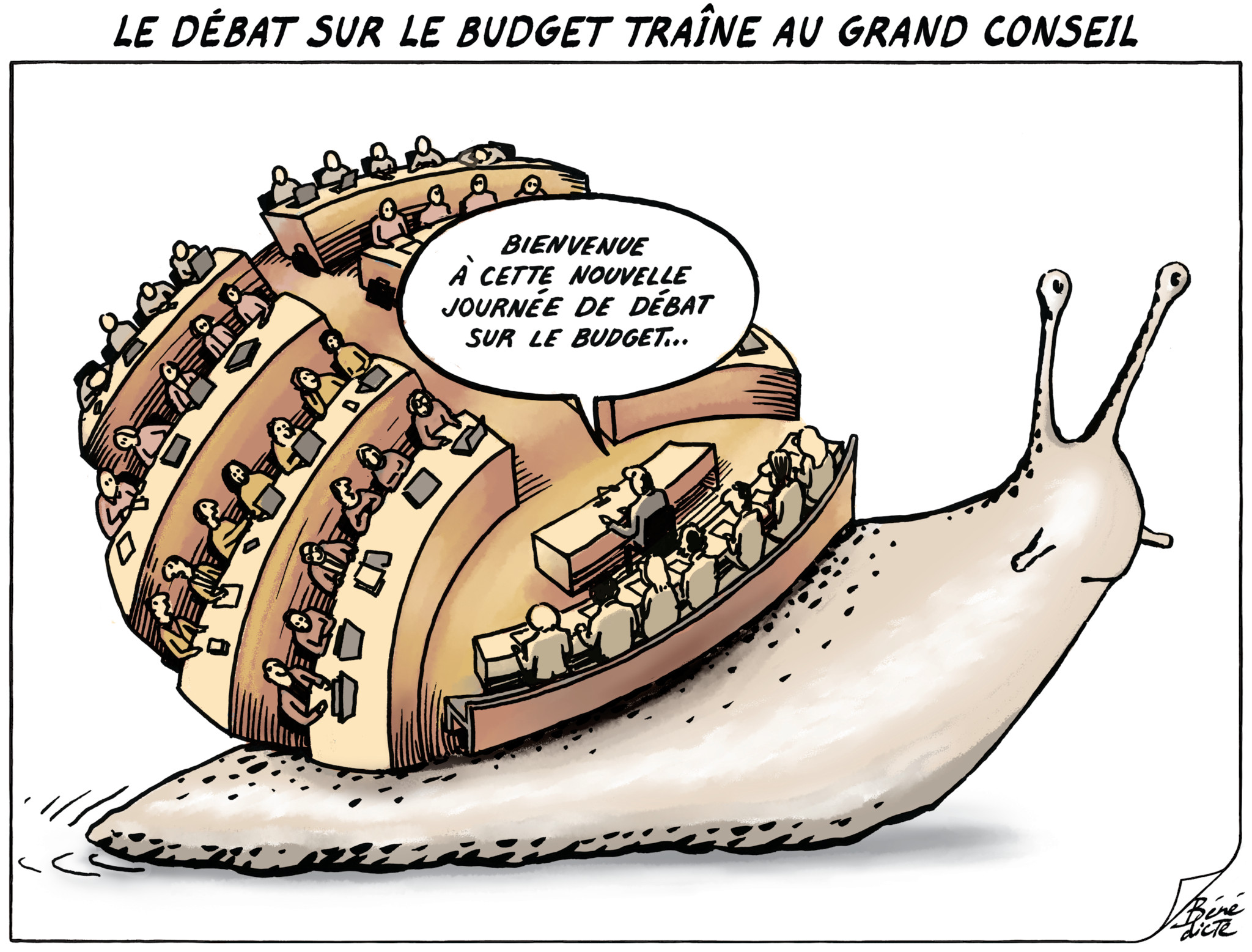 Caricature montrant un escargot portant une salle de conseil remplie de conseillers, avec un panneau disant ’Bienvenue à cette nouvelle journée de débat sur le budget…’. Titre en haut ’Le débat sur le budget traîne au Grand Conseil’.