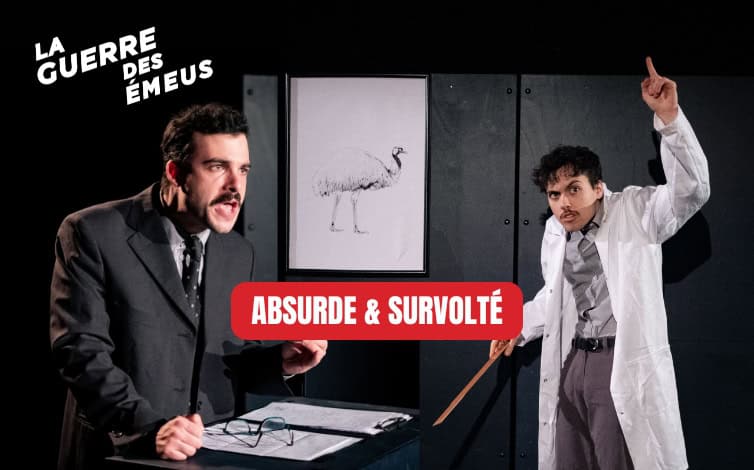 LALT : Deux acteurs en costume noir et blouse blanche en pleine scène comique à Nantes.