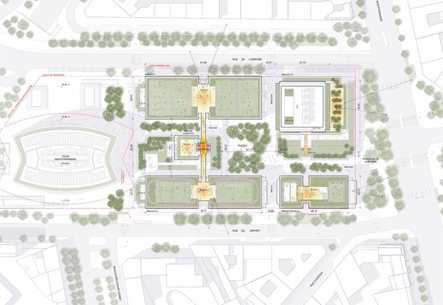 Paris, 2026. Sur la dalle sur centre commercial, l'architecte Renzo Piano prévoit une place centrale, de nouveaux arbres, des liaisons confortables avec les rues voisines et des équipements sportifs et culturels. RPBW