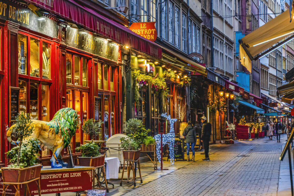 Colorful Restaurant Street Christmas Decorations Buildings Facades Cityscape Lyon France