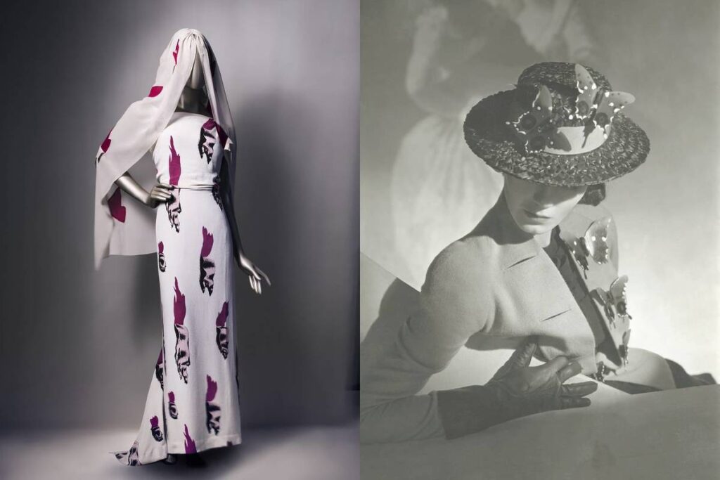 image en écran partagé montrant un mannequin portant une robe Schiaparelli avec des motifs de Salvador Dali sur le tissu, et une vieille photo en noir et blanc d'une femme à la mode portant un chapeau à larges bords et une veste stylée